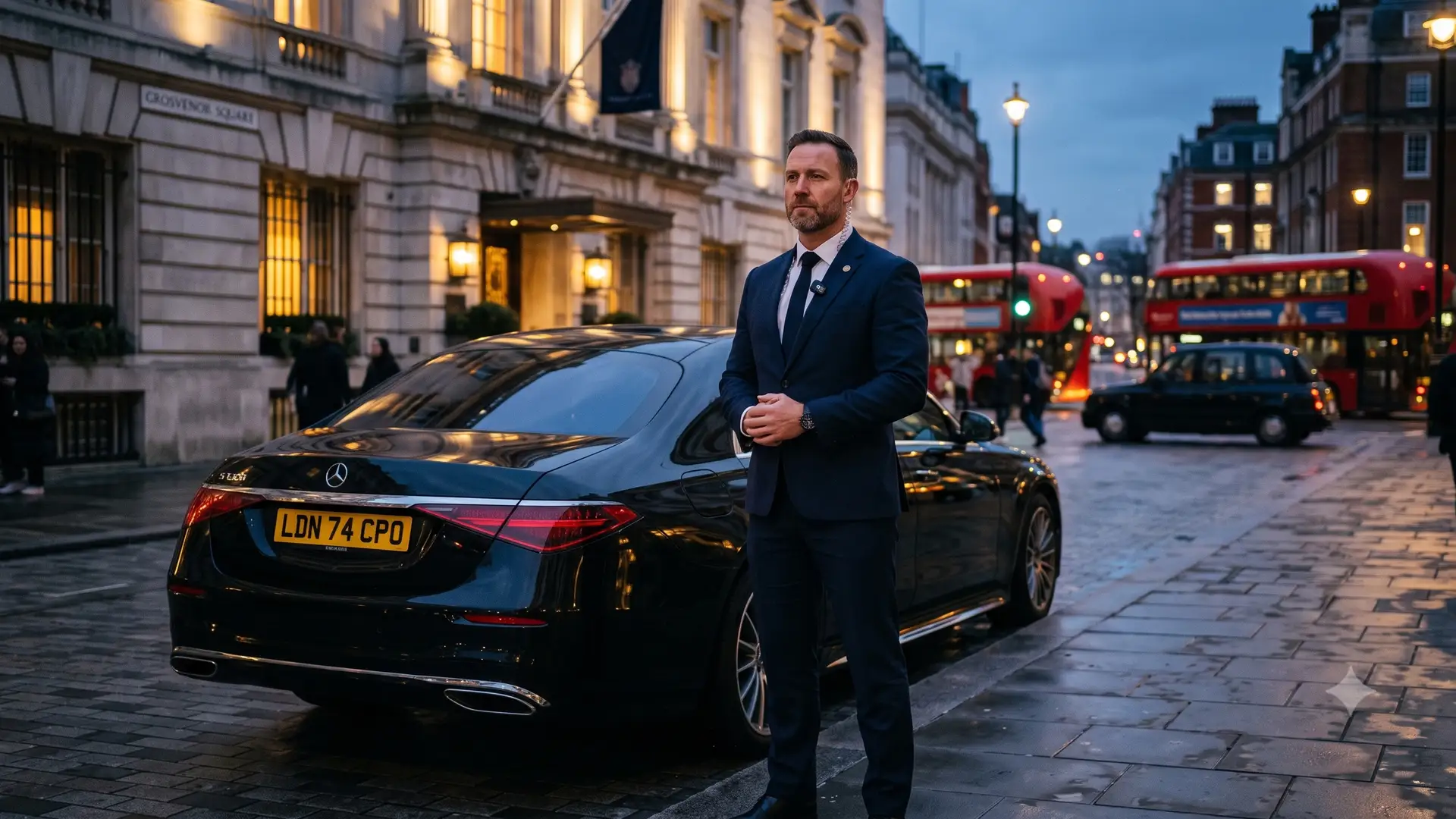 A London Protection Security close protection officer beside an executive vehicle